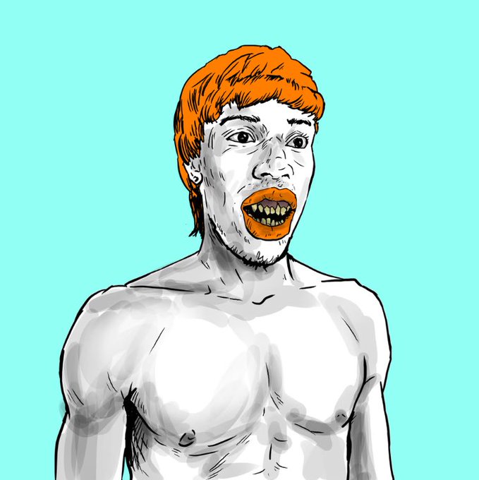 A stylized digital drawing of a shirtless man with orange hair and a wide-open mouth showing stained teeth, set against a teal background.