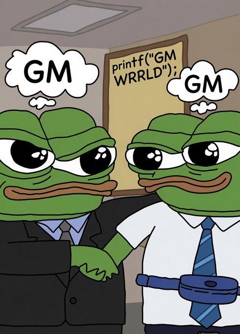 Two cartoon Pepe frogs in business attire shake hands in an office, each thinking "GM," while a sign on the wall reads "printf("GM WRRLD");", humorously playing on the crypto "GM" (good morning) greeting and programming culture.