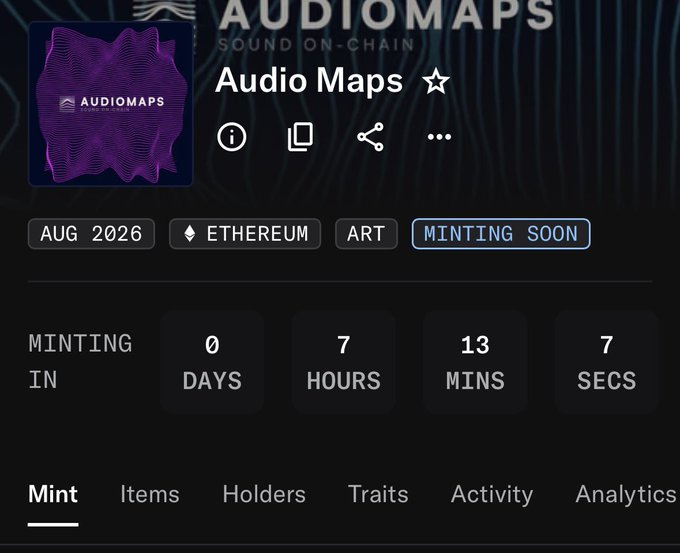 A countdown page for the "Audio Maps" NFT project on Ethereum, classified under the Art category with a "Minting Soon" status. The mint begins in 0 days, 7 hours, 13 minutes, and 7 seconds, aligning with the post's question about which NFT to mint today.

**Caption:** Audio Maps NFT minting countdown on Ethereum — 0 days, 7 hours, 13 minutes until launch.
