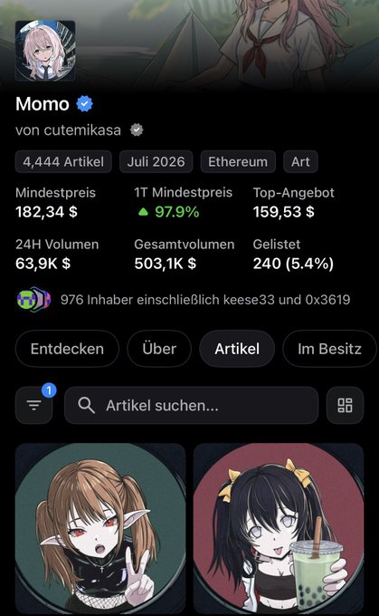 A profile page on a digital marketplace for 'Momo by cutemikasa', showing a 97.9% floor price increase to 182.34$, 4,444 articles, and listings for an Ethereum art collection.