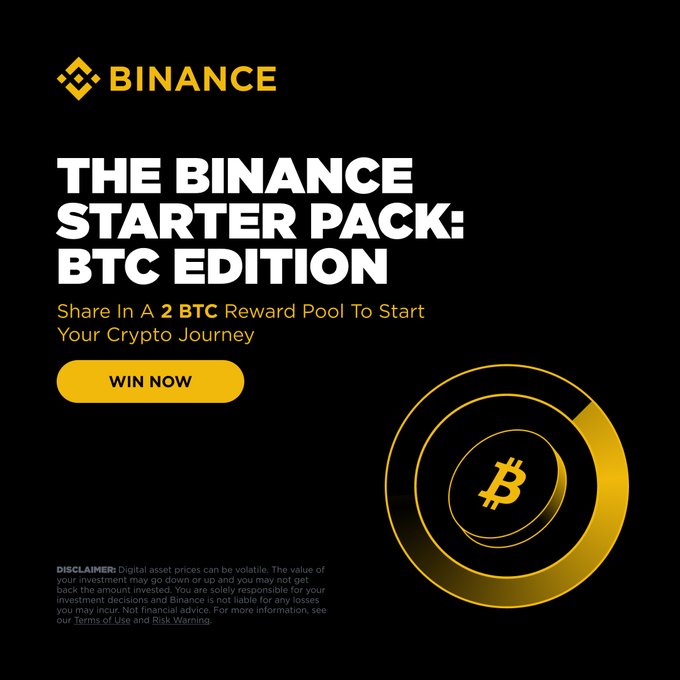 A Binance promotional banner titled "THE BINANCE STARTER PACK: BTC EDITION" invites new users to top up $15 and share in a 2 BTC reward pool, featuring a "WIN NOW" call-to-action button alongside a Bitcoin logo graphic.
