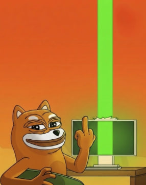A cartoon dog with a smug expression giving the middle finger next to a computer monitor emitting a green laser beam against an orange background.