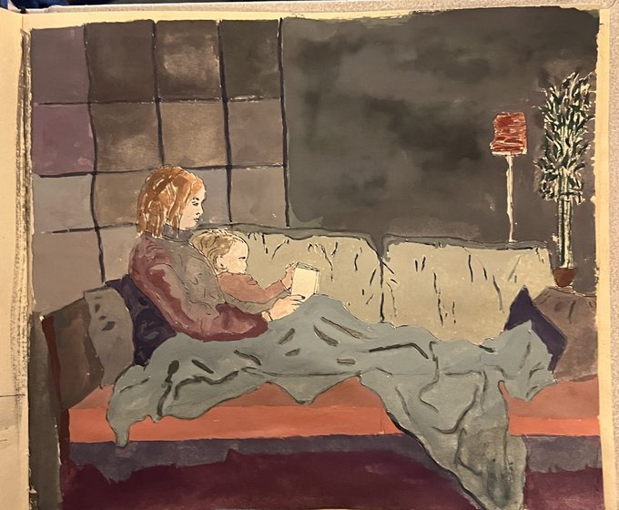 A watercolor painting depicts a person with reddish-blonde hair sitting on a bed holding a child under a blue blanket, with a window, small lamp, and potted plant in the background.