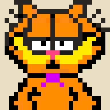 A pixel art illustration depicts a chubby orange tabby cat with black stripes and a purple tag collar, sitting and looking forward.