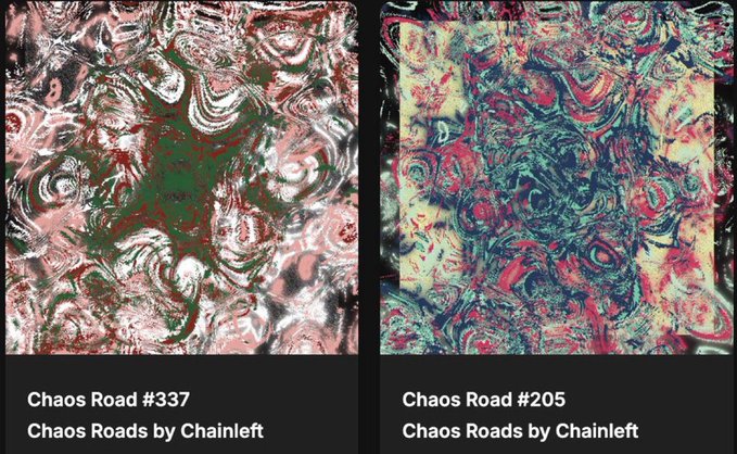 Two abstract generative art pieces labeled 'Chaos Road #337' and 'Chaos Road #205' from the 'Chaos Roads by Chainleft' collection are shown side by side with swirling, colorful patterns.