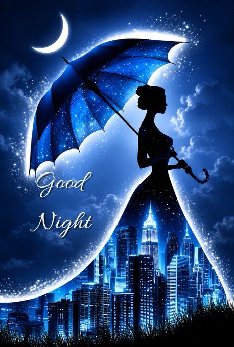 A stylized digital artwork featuring the silhouette of a woman holding an umbrella against a glowing crescent moon, with a cityscape illuminated at night. The text 'Good Night' is written in cursive.