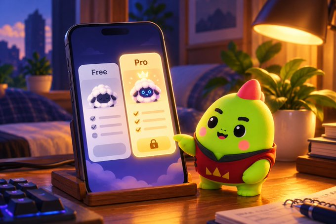 A 3D-rendered green mascot character points to a smartphone displaying Free vs Pro subscription tiers with cute avatar icons.