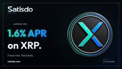 The image shows a promotional graphic by Satisdo featuring a teaser for a "Lending 0%" offering with 1.6% APR on XRP, displaying the Satisdo logo alongside the XRP symbol. This aligns with the accompanying post announcing Satisdo's new service coming to the XRP Ledger, highlighting their interest rate product as part of the teased launch.