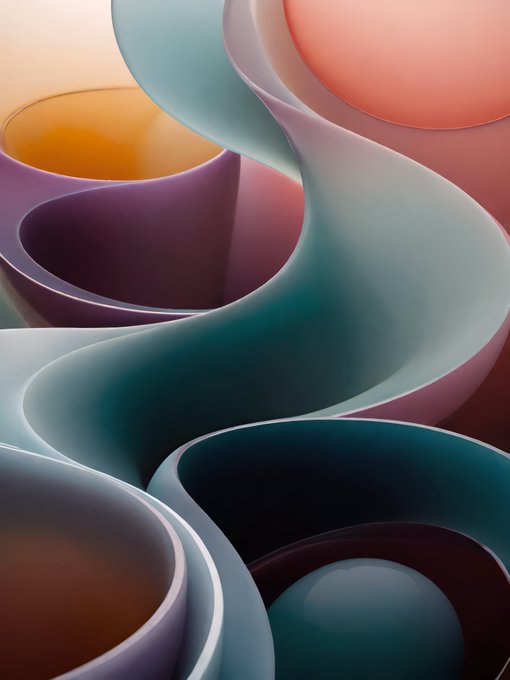 An abstract digital artwork featuring smooth, curving 3D shapes in pastel teal, purple, orange, and peach tones.