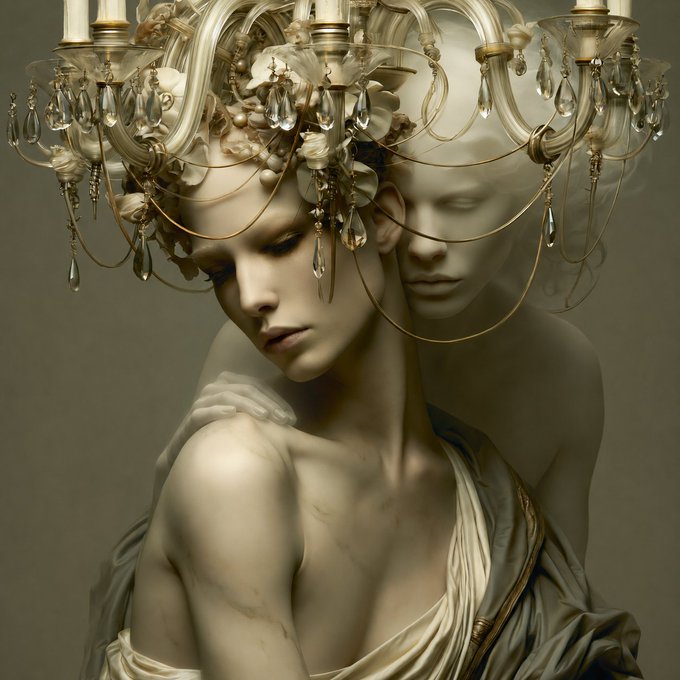 A woman in a draped garment wears an ornate chandelier crown, with a ghostly, double-exposed face visible behind her.
