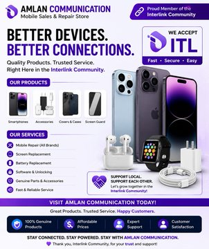 The image features an advertisement for Amlan Communication's mobile repair service. The poster displays various cell phones and accessories, including a purple iPhone and a black watch. The text on the poster highlights the company's commitment to providing quality products and services, as well as their dedication to helping customers with ITL payments through LinkersMap dApp.