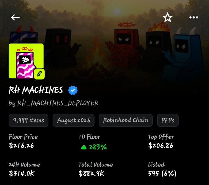 A screenshot of an NFT collection page for 'RH MACHINES' by RH_MACHINES_DEPLOYER, showing 9,999 items with a floor price of Ξ2.16.26 and a top offer of $206.86.