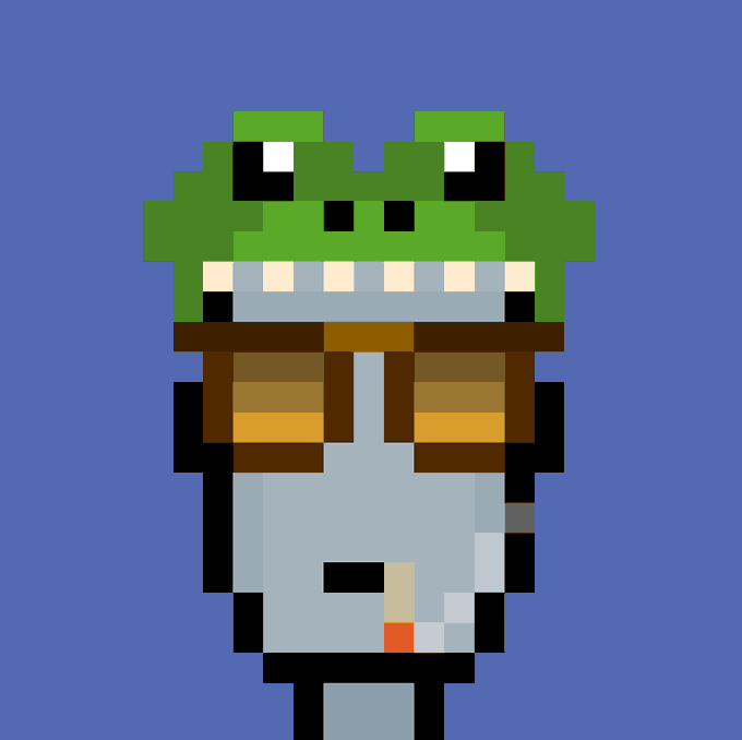 Pixel art illustration of a frog character wearing a brown leather vest and light blue overalls against a blue background.