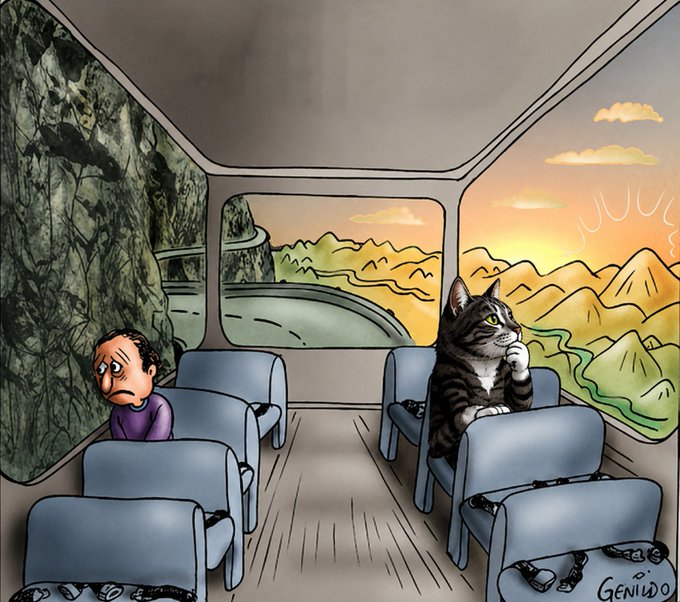 A cartoon illustration signed "GENIUDO" showing a sad man riding alone on a bus filled with empty seats occupied by a tabby cat and scattered bottles.