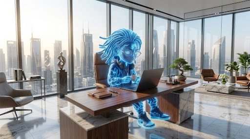 A digital artwork depicting a holographic blue figure of a person with dreadlocks and glasses working on a laptop, seated at a desk in a modern high-rise office with city skyline views.