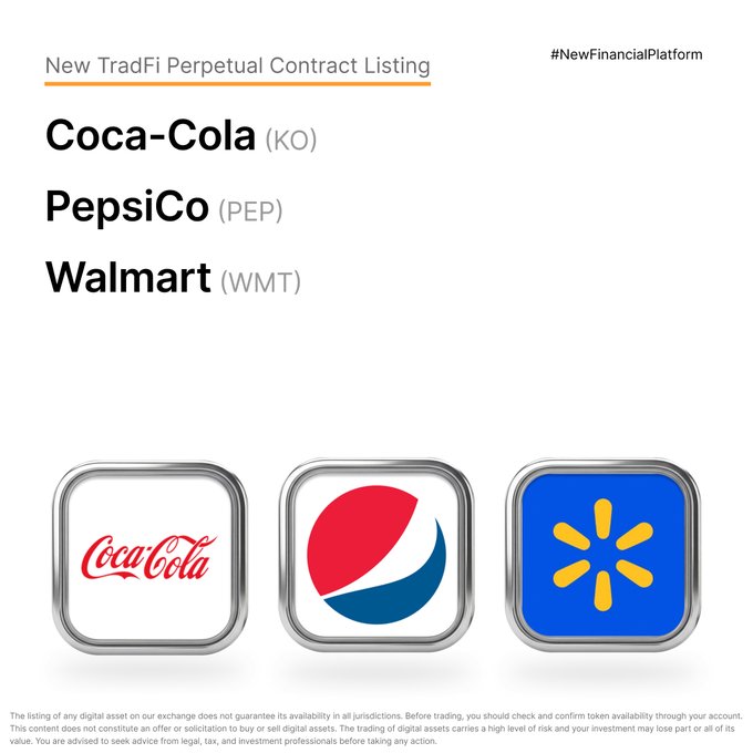 The image announces new TradFi perpetual contract listings on Bybit for Coca-Cola ($KOUSDT), PepsiCo ($PEPUSDT), and Walmart ($WMTUSDT), featuring the official logos of each company in rounded square frames below their respective tickers.