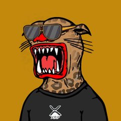 A cartoon illustration of an angry cat with leopard-print fur wearing sunglasses and an open mouth showing sharp teeth, dressed in a black t-shirt featuring a skull logo, set against a mustard yellow background.