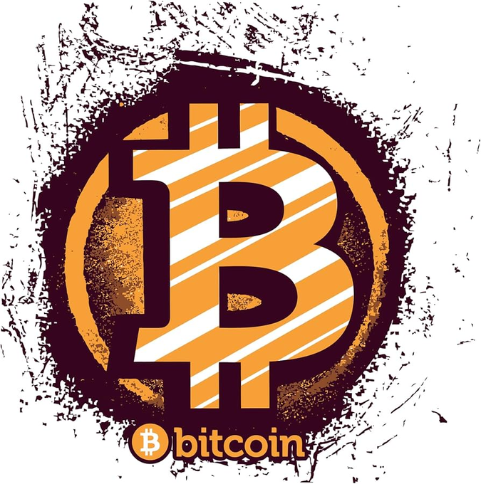 Stylized orange and black Bitcoin logo with diagonal stripes, accompanied by the word 'bitcoin' and the standard ₿ symbol on a grunge-textured background.