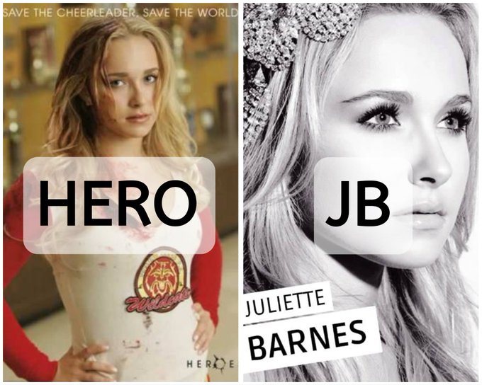 A side-by-side promotional image for the TV show "Heroes," featuring the tagline "Save the Cheerleader, Save the World," with the left side showing a blonde cheerleader in a red and white uniform labeled "HERO" and the right side showing a black-and-white close-up portrait of a blonde woman in a tiara labeled "JULIETTE BARNES" and "JB."