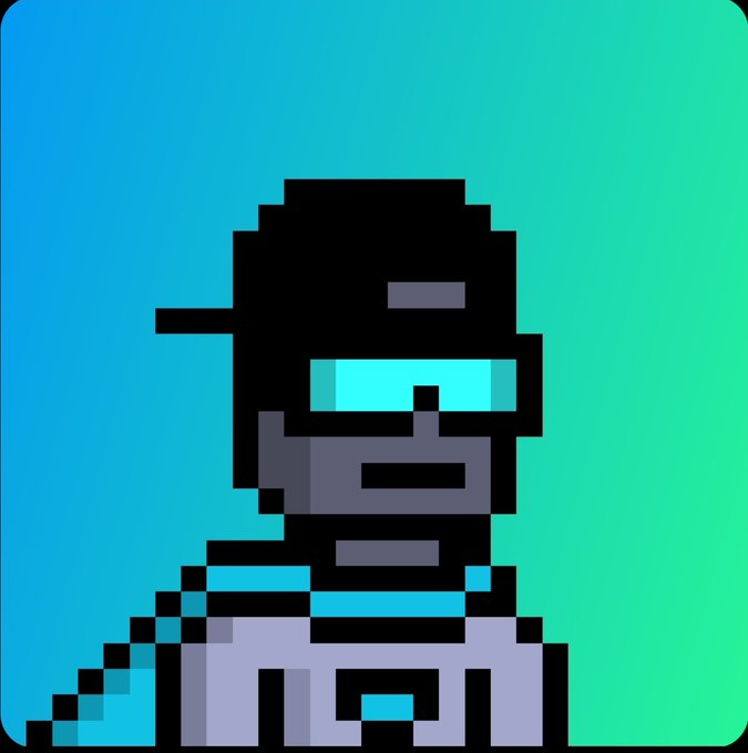 A pixel art portrait of a character with a black cap, teal sunglasses, and gray scarf against a blue-to-green gradient background.