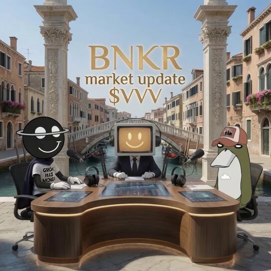 The image features three cartoon characters sitting at a desk, with one of them wearing a tie and holding a microphone. The other two characters are seated behind the desk, appearing to be engaged in conversation or listening to something being played through the microphone. In the background, there is a bridge that spans across a body of water, adding an interesting visual element to the scene.

The post includes text that reads "BNKR Market Update $VVV @ Ask Venice and give me your bullish take". This suggests that the image might be related to a discussion or analysis about the stock market, with the characters possibly being experts in the field. The presence of the bridge and water adds an artistic touch to the overall composition, making it visually appealing while still conveying the intended message.