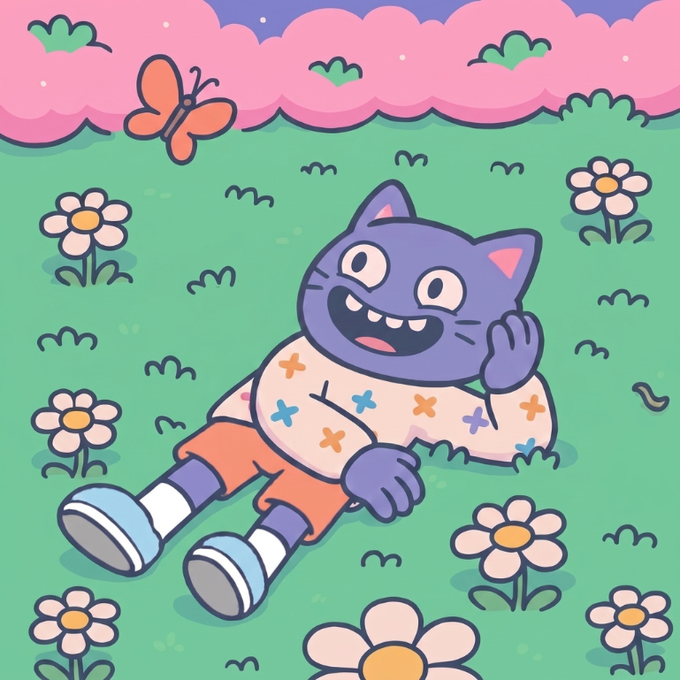 A cheerful purple cat character lies in a colorful field of daisies, smiling broadly while a butterfly flutters nearby. The whimsical, cartoon-style artwork complements the warm, friendly "GM" greeting to the NFT community, evoking a happy and carefree vibe.