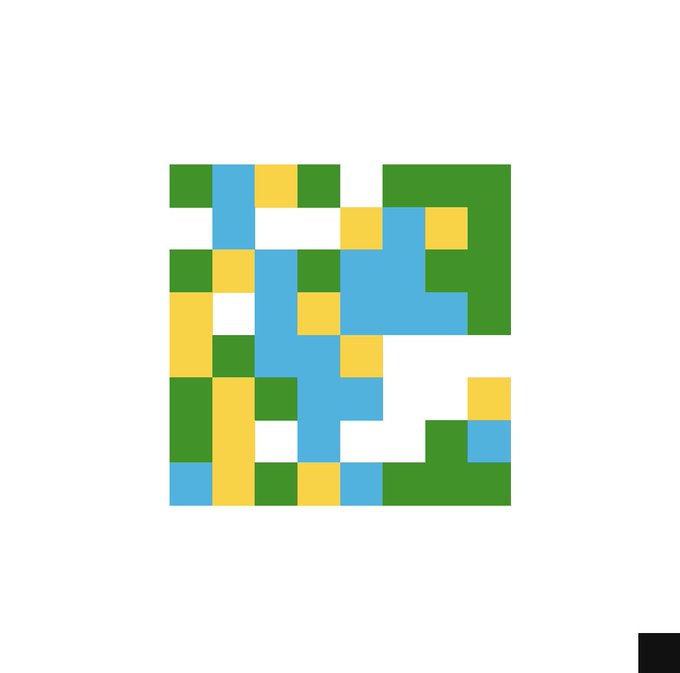 A pixel art-style image composed of blue, yellow, and green square tiles arranged in an abstract pattern on a white background.