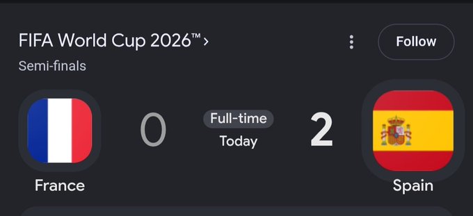 A dark-mode sports app scorecard showing the FIFA World Cup 2026 Semi-finals result: France 0, Spain 2 (Full-time).