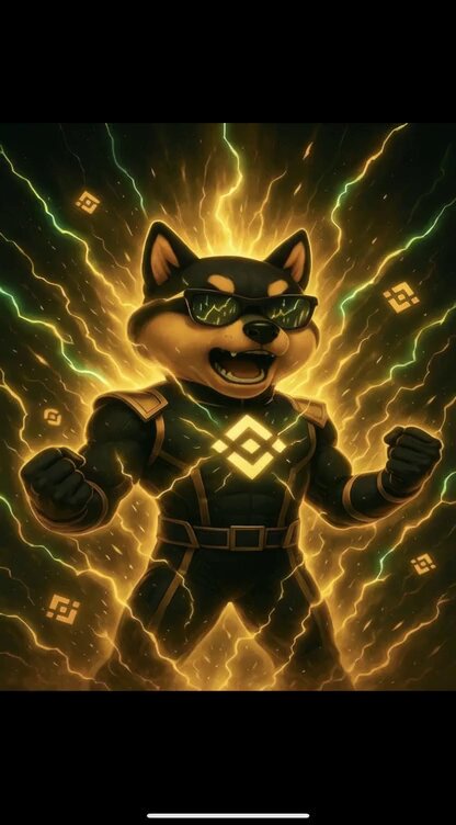 The image features a black and yellow cartoon dog wearing sunglasses, standing against a backdrop of bright yellow lightning bolts. The dog appears to be in a fighting stance with its arms raised high above its head. The background includes a gradient of yellow and green colors that blend seamlessly into each other, creating an intense atmosphere. The post reads "List Manyu binance #manyu", which is likely related to the cartoon dog or the content displayed on it.