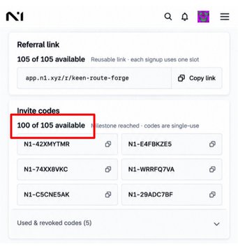 The image shows a referral and invite codes page for N1Chain, displaying "105 of 105 available" for the reusable referral link and "100 of 105 available" for single-use invite codes, highlighting the limited remaining slots. This visually supports the post's claim of only "100 slots only (FCFS)" for the N1Chain points campaign, emphasizing the scarcity-based urgency being promoted.