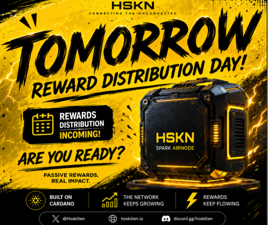 A yellow and black promotional poster for 'HSKN' announcing 'TOMORROW REWARD DISTRIBUTION DAY!' featuring a futuristic 'SPARK AIRNODE' device and noting it is 'BUILT ON CARDANO'.