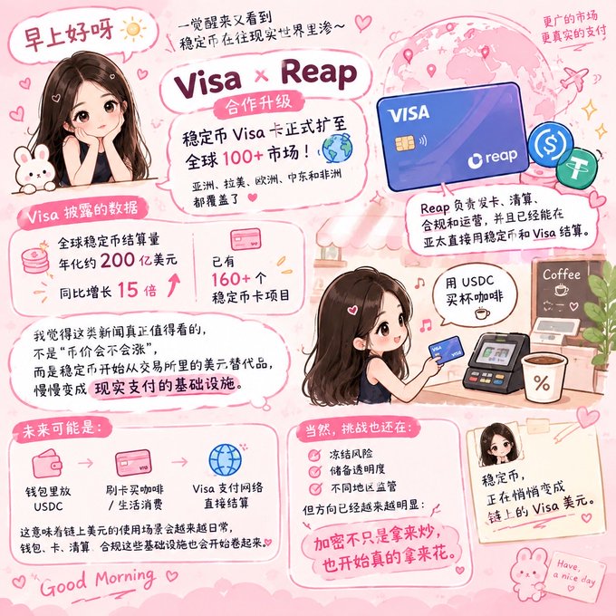 An illustrated infographic in Chinese discussing the 'Visa x Reap' collaboration, mentioning the expansion of stablecoin Visa cards to 100+ global markets.