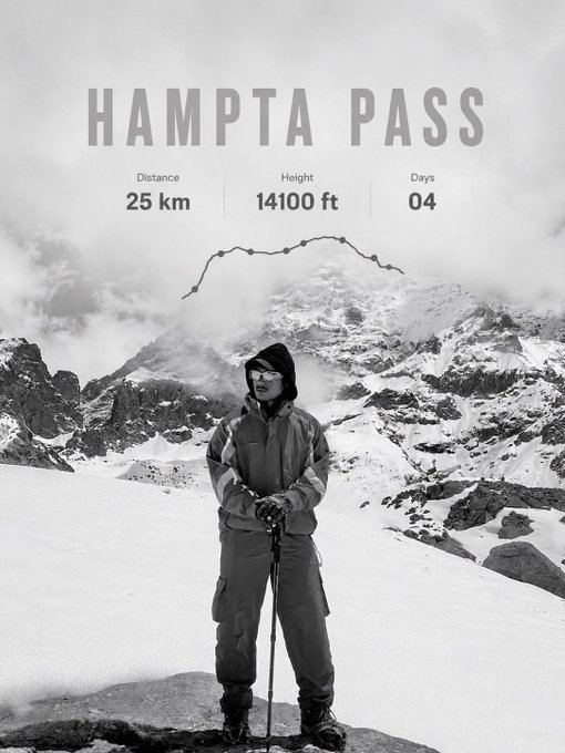 A black and white photo of a person standing in a snowy mountain landscape with text overlay 'HAMPTA PASS' showing Distance 25 km, Height 14100 ft, and Days 04.