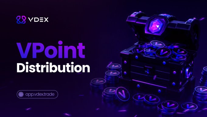 A promotional graphic for VDEX displays 'VPoint Distribution' with a treasure chest and coins featuring the V logo, alongside 'app.vdextrade'.