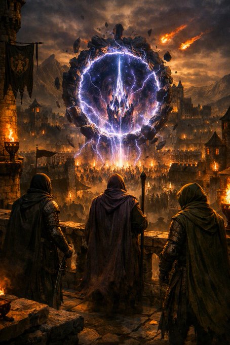 Three robed figures gaze in awe at a massive, lightning‑filled portal hovering over a fortified city, its ominous glow mirroring the excitement surrounding $SLCW’s upcoming listing on a top‑10 exchange. The scene, set against a dark, stormy sky, underscores the significance of the August 25 milestone mentioned in the post.