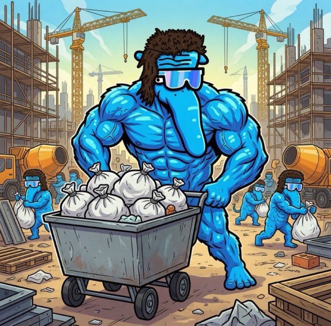 The image depicts a muscular blue mascot character pushing a wheelbarrow overflowing with white bags, surrounded by construction workers at a building site with cranes in the background. This visually ties into the post "All roads lead back to Solana" by metaphorically showing that despite all the building and labor happening around it, the real treasure and destination is centered on the Solana mascot.