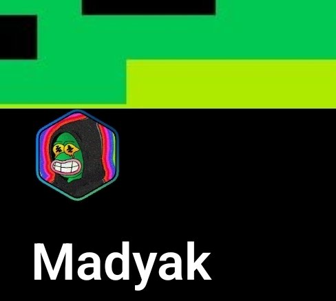 A hexagonal logo featuring a cartoon character with a green face and gritted teeth is displayed above the name 'Madyak' against a black and green background.