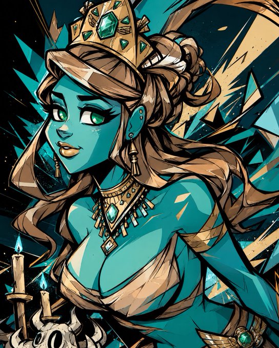 A stylized digital illustration of a blue-skinned, green-eyed female fantasy character wearing a gold crown adorned with emeralds, a matching necklace, and an off-shoulder dress, holding a lit candle with crystals in the background.