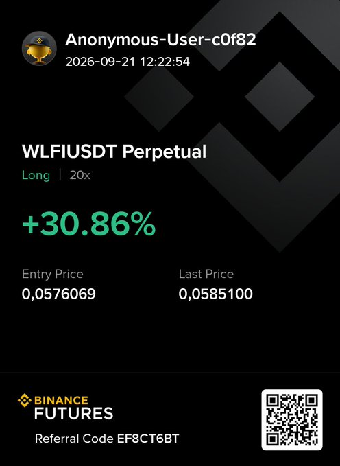 Trading card showing a long 20x position on WLFIUSDT Perpetual with a +30.86% gain, entry price 0.0576069, last price 0.0585100, with Binance Futures referral code EF8CT6BT.