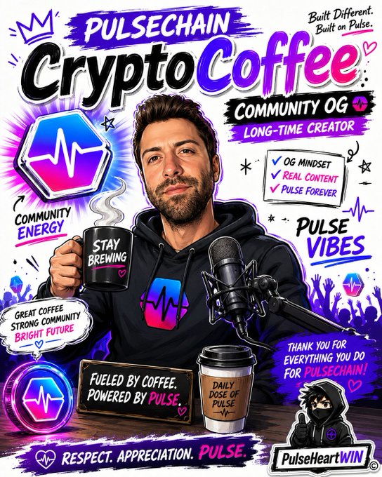 The image features a man holding a coffee cup, with a poster behind him that displays various shoutouts related to Cryptocurrency. The poster includes phrases such as "@CryptoCoffee369" and "@Pulseheartwin". These shoutouts are meant to recognize and appreciate the work of the creator or person associated with the Cryptocurrency platform. The man holding the coffee cup is positioned in front of a microphone, suggesting that he might be hosting a podcast or live event related to Cryptocurrency.