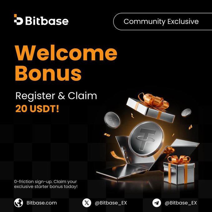 A Bitbase promotional graphic reading “Community Exclusive,” “Welcome Bonus,” and “Register & Claim 20 USDT!”, with crypto gift-box imagery and social links.