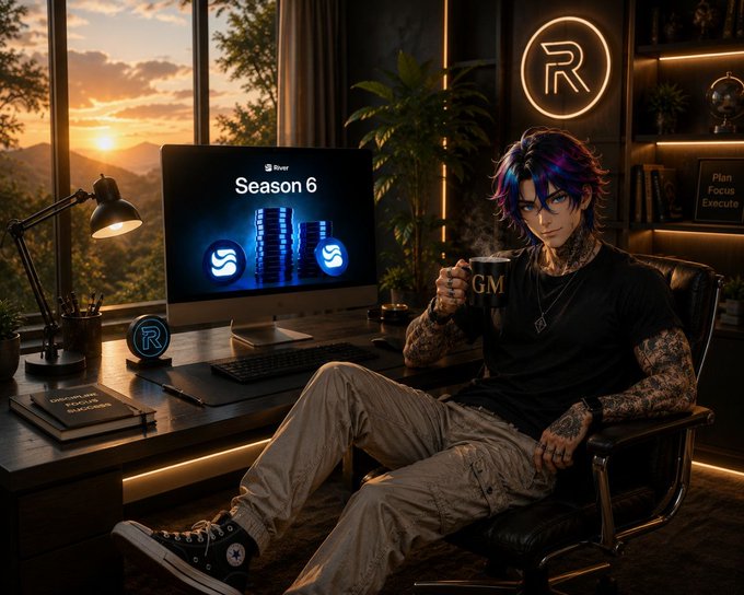 A tattooed anime-style figure with purple-streaked hair sits in a dark gaming/office setup holding a 'GM' mug, with a monitor displaying 'Season 6' and an 'R' neon logo on the wall.