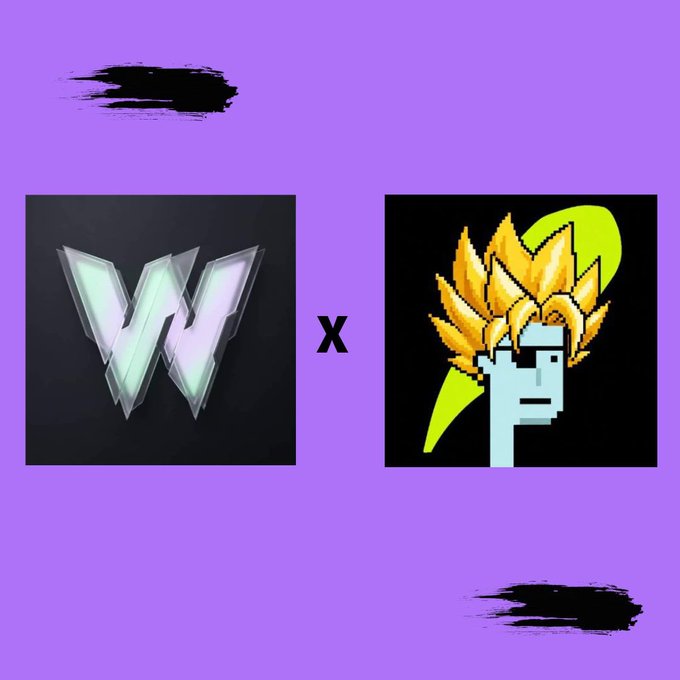 An image showing a 'W' logo (likely Wicrypt) multiplied with a Super Saiyan 'P' logo (likely Pixel), suggesting a collaboration between the two crypto projects.