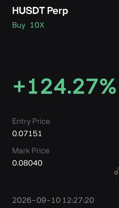 A trading screenshot showing a long position on HUSDT Perp with a +124.27% gain (entry 0.07151, mark 0.08040) on 10X leverage as of 2026-09-10. While the post discusses holding $H long-term via DCA, the image actually displays a leveraged perpetual futures trade, highlighting a contrast between the user's patient long-term approach and the high-leverage short-term position shown.