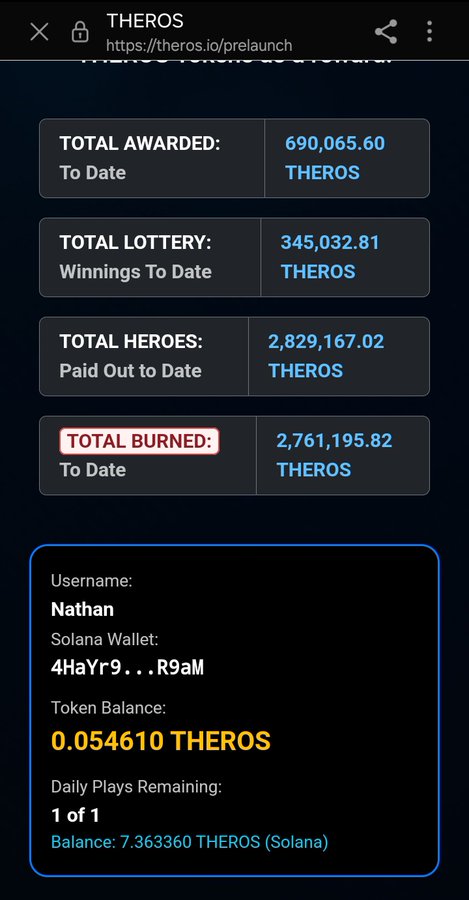 A mobile screenshot of the Theros prelaunch webpage showing total awarded of 690,065.60 THEROS, total lottery winnings of 345,032.81 THEROS, and user 'Nathan's account details with a balance of 0.054610 THEROS.