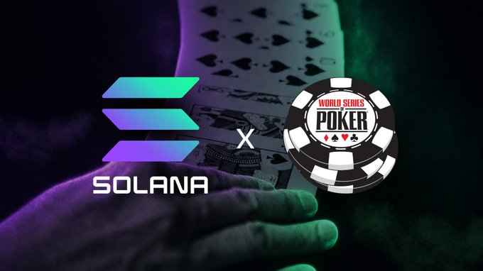 A promotional graphic showing the logos for "SOLANA" and "World Series of Poker" with an "x" between them, set against a background of hands holding playing cards.