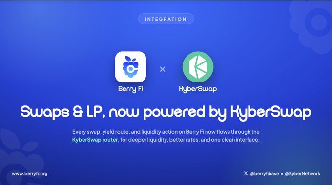 The image shows a blue banner with white text that says "Integration" at the top of the banner. Below this, there are two logos - one for Berry Finance's SWAP & LP service and another for KyberSwap's LP service. The text on the banner indicates that these services are now powered by each other.