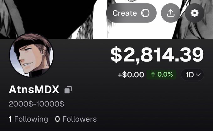 A user profile screen for 'AtnsMDX' showing a balance of '$2,814.39', with '1 Following' and '0 Followers' displayed below.