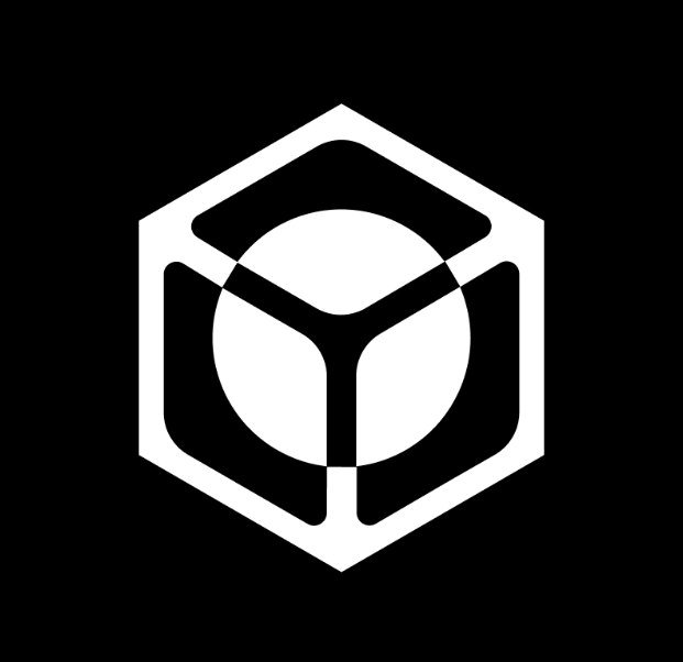 A white hexagonal logo on a black background featuring a stylized geometric design.