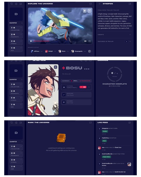 A dark-themed dashboard interface for a user named 'Dannifox' featuring sections like 'Explore the Universe' with an anime trailer, 'Detail View' of a character named 'Bosu', 'Rank the Universe', and a 'Live Feed'.